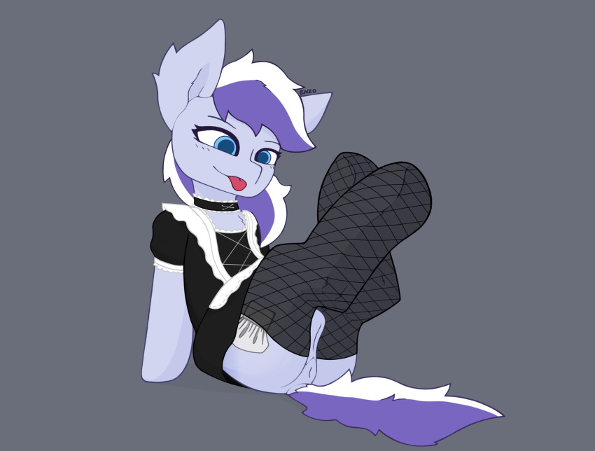 anatomically_correct anatomically_correct_genitalia clothing enzodoesart equid equine female feral fishnet_leggings frost_berry fur genitals hair hasbro hi_res horse laid_back legwear maid_uniform mammal my_little_pony pony pose presenting presenting_pussy purple_body purple_fur purple_hair pussy simple_background solo stockings tongue tongue_out uniform