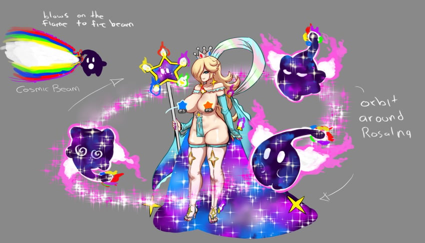 1girls alternate_costume awesomeerix big_breasts blonde_hair blue_eyes concept_art crown curvaceous dizzy_eyes dress earrings energy_beam female functionally_nude goddess_rosalina_(awesomeerix) grey_background high_heels huge_breasts long_hair luma mario_(series) nail_polish nintendo princess_rosalina purple_fire purple_nails rainbow_fire simple_background skindentation sleeves solo space sparkles spiral_eyes star_censor stars super_mario_galaxy thick_thighs thighhigh_boots voluptuous wand wide_hips