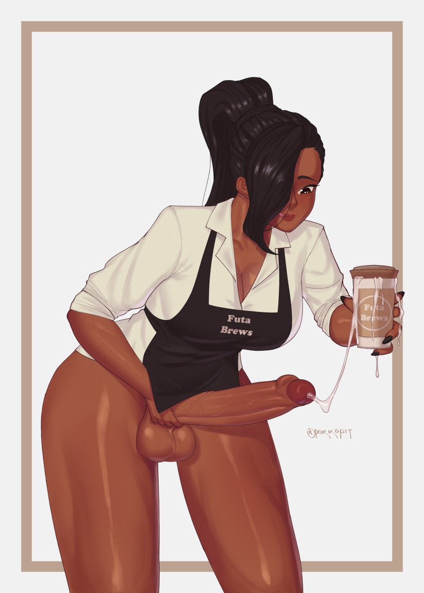 1futa apron balls barista bent_over big_balls big_breasts big_penis black_hair black_nails bottomless breasts brown_eyes cleavage clothed clothing coffee coffee_cup cum cum_drip cum_in_container cum_in_cup cum_on_food dark-skinned_futanari dark_skin food food_play futa_only futanari hair_over_one_eye heart-shaped_pupils horny huge_cock human iced_latte_with_breast_milk iced_latte_with_dick_milk large_breasts large_penis masturbation original partially_clothed penis pokko_(artist) ponytail solo standing testicles thick_thighs thighs uncut veiny_penis