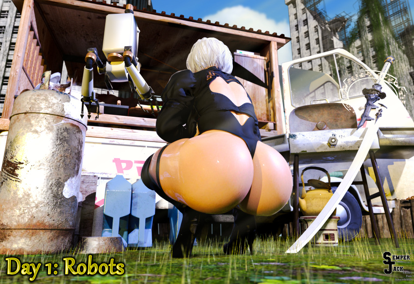 1girls 3d ass big_ass big_booty big_butt bubble_butt butt_floss curvy heels high_heels huge_ass looking_at_viewer nier:_automata outside partially_clothed robot robot_girl robot_humanoid semper_jack solo_female squat squatting thong voluptuous white_hair wide_thighs yorha_2b