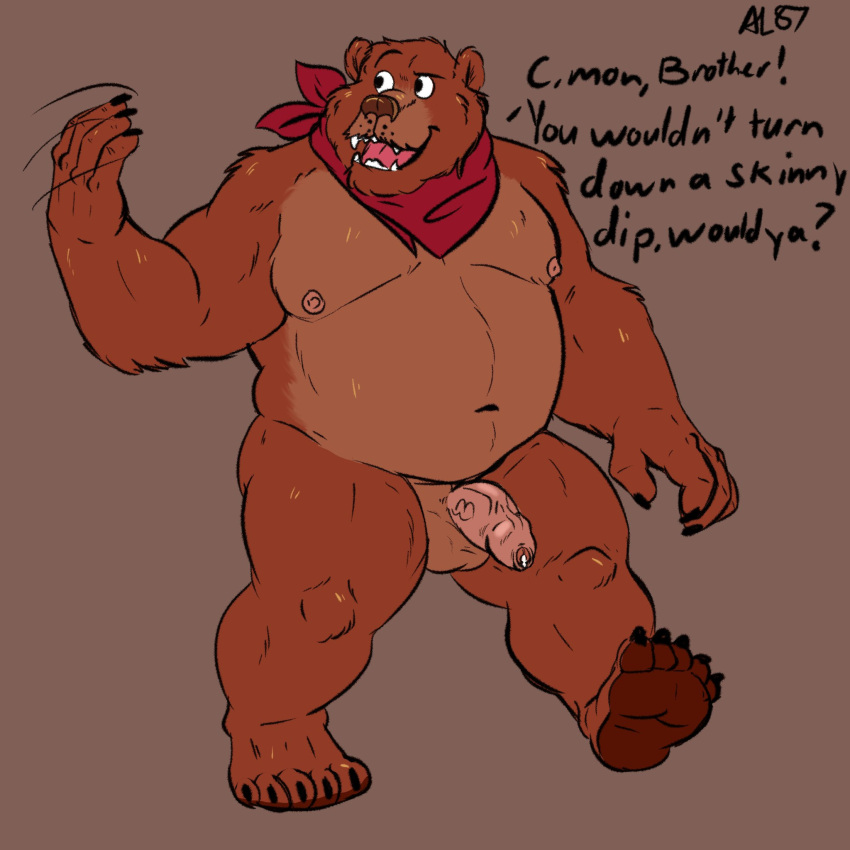 1:1 2020 allovic87 anthro balls brown_body brown_fur english_text fur genitals hi_res humanoid_genitalia humanoid_hands humanoid_penis little_bear male mammal musclegut navel nipples overweight overweight_male penis solo text uncle_rusty_(little_bear) ursid