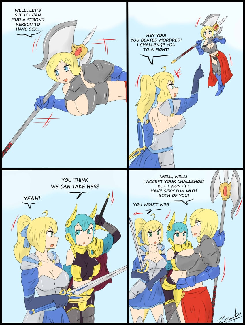 armor artoria_pendragon artoria_pendragon_(fate) clothing comic dc dc_comics fate_(series) halberd large_breasts power_girl rance_(series) sword weapon yulang_mirage zronku