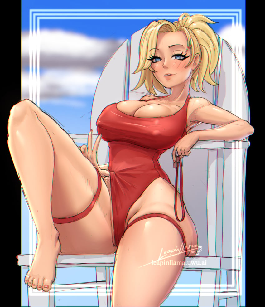 angela_ziegler blizzard_entertainment blonde_hair blue_eyes large_breasts leapinllama lifeguard lifeguard_mercy mercy nipple_bulge one-piece_swimsuit overflowing_breasts overwatch short_hair sketch solo swimsuit thick_thighs