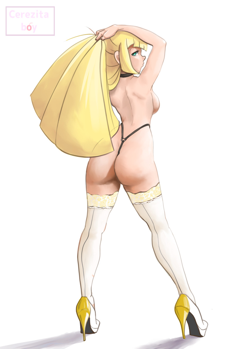 1girls ass back blonde_hair cerezita_boy choker female high_heels lillie_(pokemon) lingerie looking_back pokemon pokemon_sm solo thong