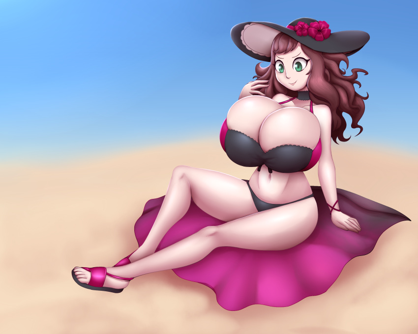 >:) 1girls alternate_costume bare_legs bikini breast_expansion breasts brown_hair choker cleavage dorothea_arnault dorothea_arnault_(summer) fire_emblem fire_emblem:_three_houses fire_emblem_heroes green_eyes hat huge_breasts long_hair magic metachoke nintendo official_alternate_costume sandals sarong sitting smile solo sun_hat swimsuit