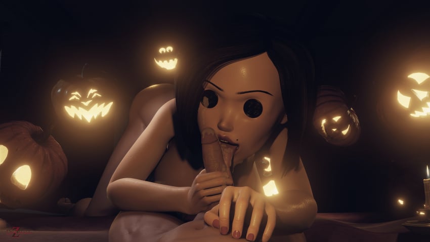 1boy 1girls 3d black_hair blender coraline cum dezmall faceless_male halloween male/female medium_hair monster nude_female oral other_mother penis pov semen