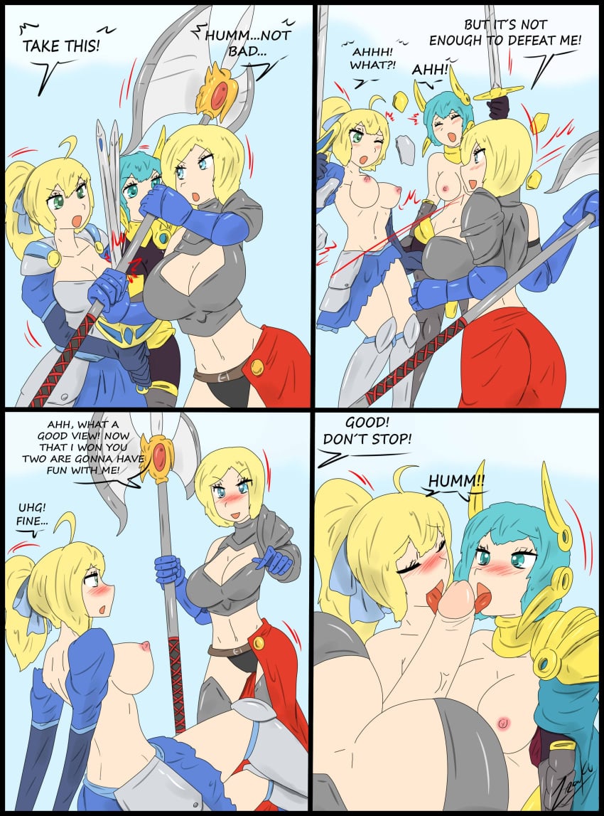 1futa 2girls armor artoria_pendragon artoria_pendragon_(fate) assisted_exposure big_breasts big_penis clothed clothing combat comic dc dc_comics defeated dialogue erection fate_(series) female fully_clothed futa_on_female futanari halberd human large_breasts light-skinned_female light-skinned_futanari light_skin mostly_nude oral_sex pale_skin penis power_girl rance_(series) skirt standing sword text torn_clothes weapon yulang_mirage zronku