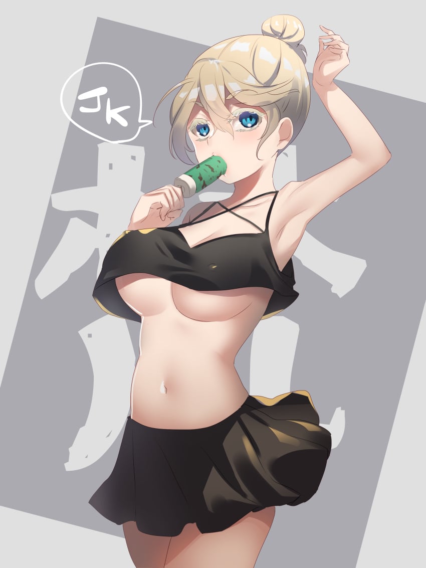 1girls big_breasts blonde_hair blue_eyes breasts crop_top midriff navel nipple_bulge oiloiloil popsicle revealing_clothes senju_kawaragi short_skirt thick_thighs thighs tokyo_revengers underboob