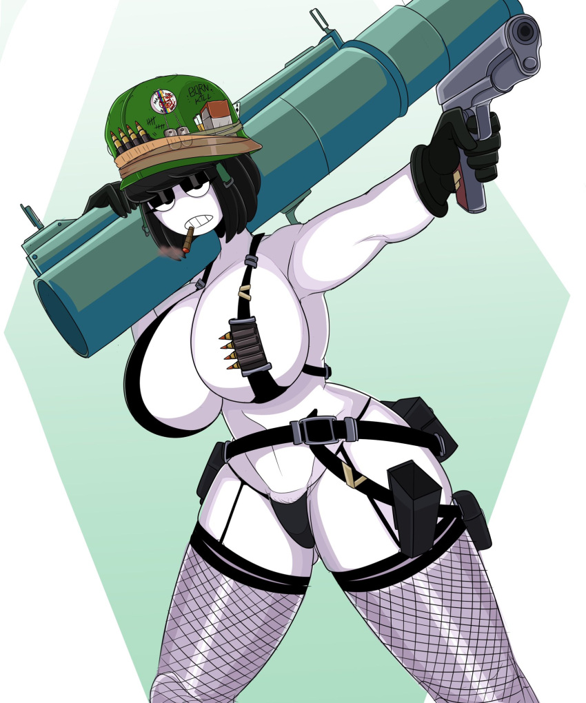 2021 armpits army_uniform bazooka big_breasts bikini black_hair breasts bullets cigarette curvy curvy_female female female_only fishnets goth gun helmet massive_breasts pubic_hair pubic_hair_peek remake saltynoodles solo straps thick thick_thighs veronica_(saltynoodles) voluptuous white_skin