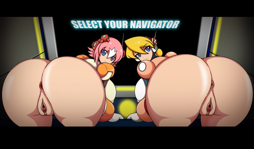 2girls alia anus ass blonde_hair breasts edit female huge_ass looking_at_viewer looking_back mega_man mega_man_x milf multiple_girls nana_(mega_man) pink_hair s1-14 tagme