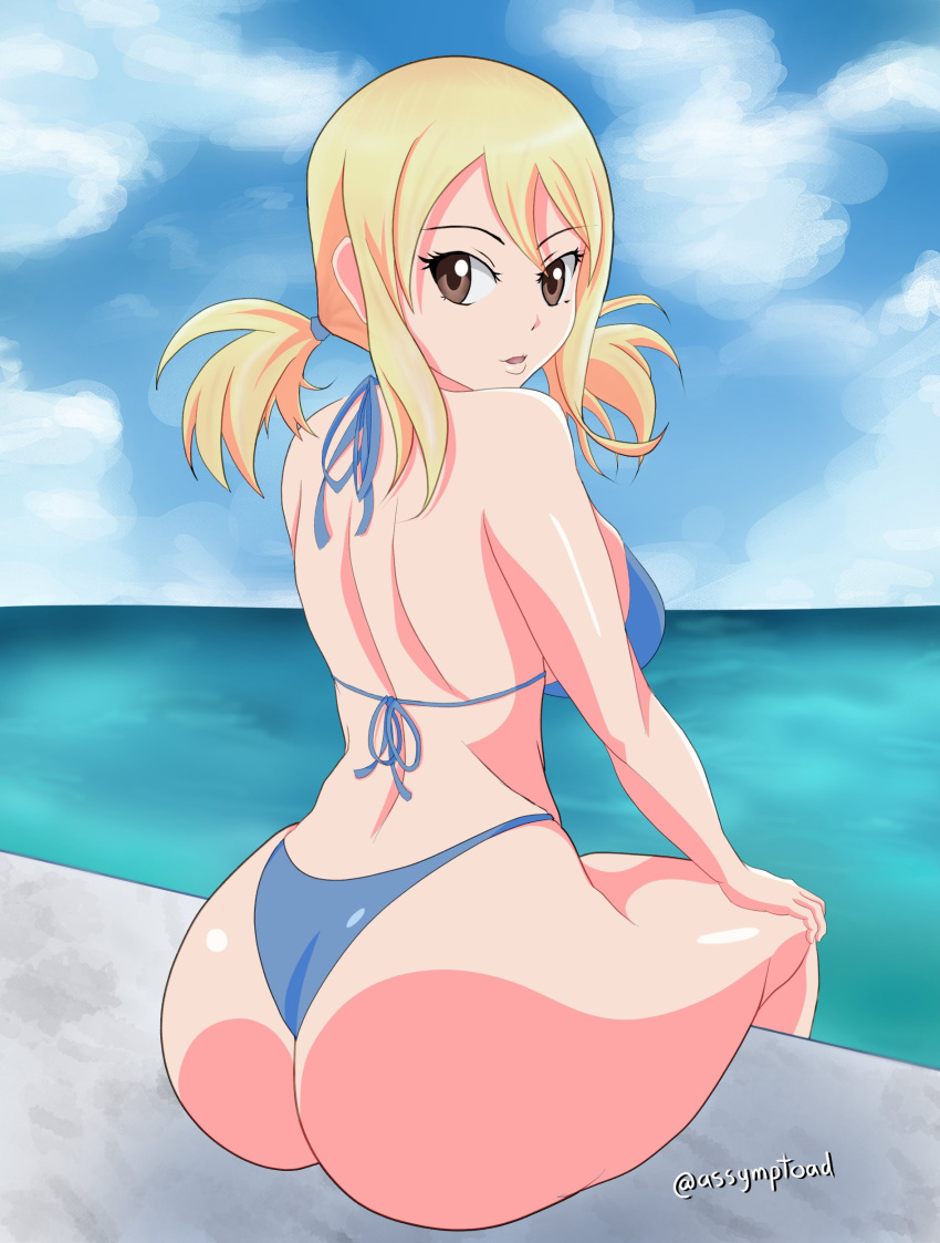 ass ass_focus assymptoad beach big_ass big_butt bikini blonde_hair blue_bikini blue_thong brown_eyes butt cute fairy_tail female female_only huge_ass lucy_heartfilia smile thong thong_bikini twintails