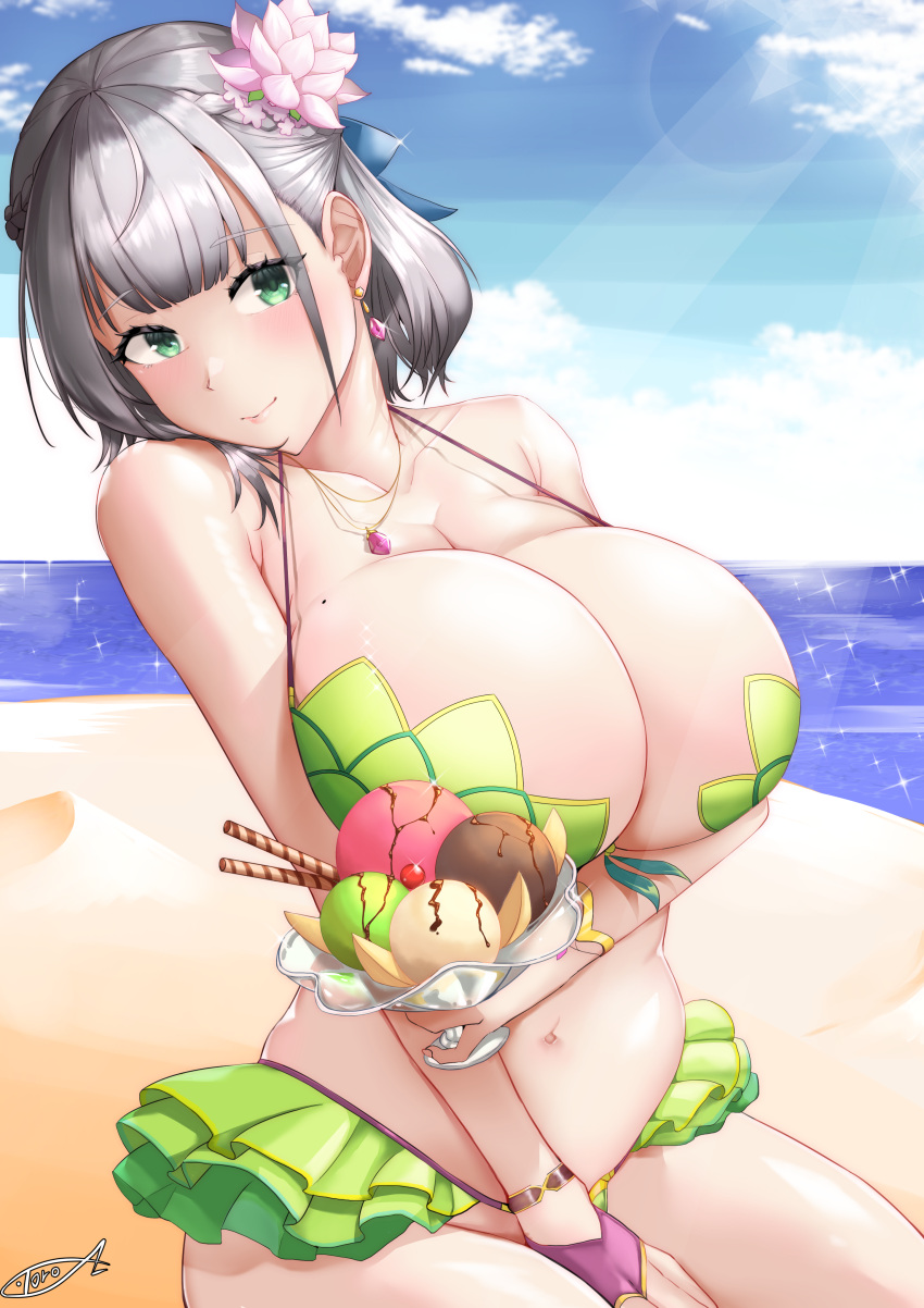 1girls absurdres bangs beach between_legs bikini bikini_skirt blue_sky blunt_bangs bracelet breasts cherry cleavage closed_mouth cloud collarbone commentary_request cosplay day earrings eyebrows_visible_through_hair female female_focus female_only flower food fruit green_bikini green_eyes hair_flower hair_ornament hand_between_legs head_tilt highres holding holding_food hololive hololive_fantasy hololive_japan huge_breasts ice_cream jewelry kama_(fate) kama_(fate)_(cosplay) kama_(swimsuit_avenger)_(fate) kama_(swimsuit_avenger)_(fate)_(cosplay) kama_(swimsuit_avenger)_(second_ascension)_(fate) looking_at_viewer mole mole_on_breast navel ocean outdoors peach_slice shirogane_noel silver_hair sitting sky smile solo solo_female solo_focus swimsuit toro_zai virtual_youtuber