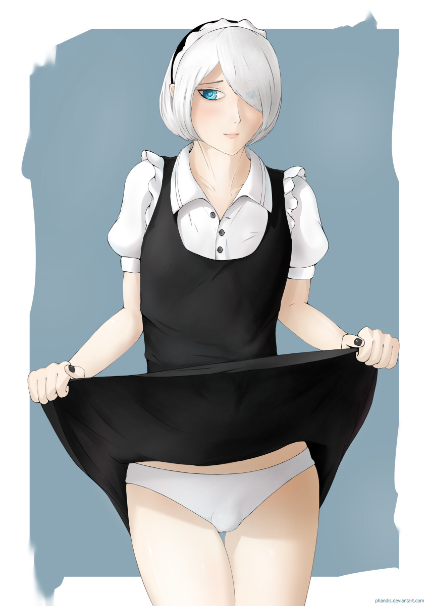 1boy blue_eyes bulge clothed femboy genderswap genderswap_(ftm) light_skin maid maid_uniform male male_only nier:_automata panties phandis rule_63 skirt_lift solo solo_male trap underwear white_hair yorha_2b