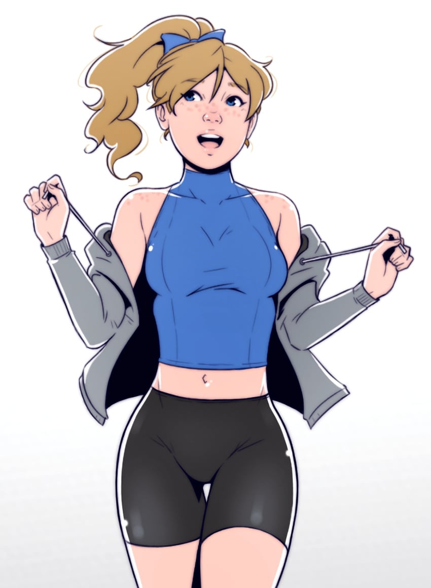 angela_(doodlepoodle) angela_palmer bangs bike_shorts blonde_hair blue_eyes borrowed_character bow dave_cheung freckles grey_hoodie happy high_ponytail hoodie midriff original ponytail smile spandex sportswear