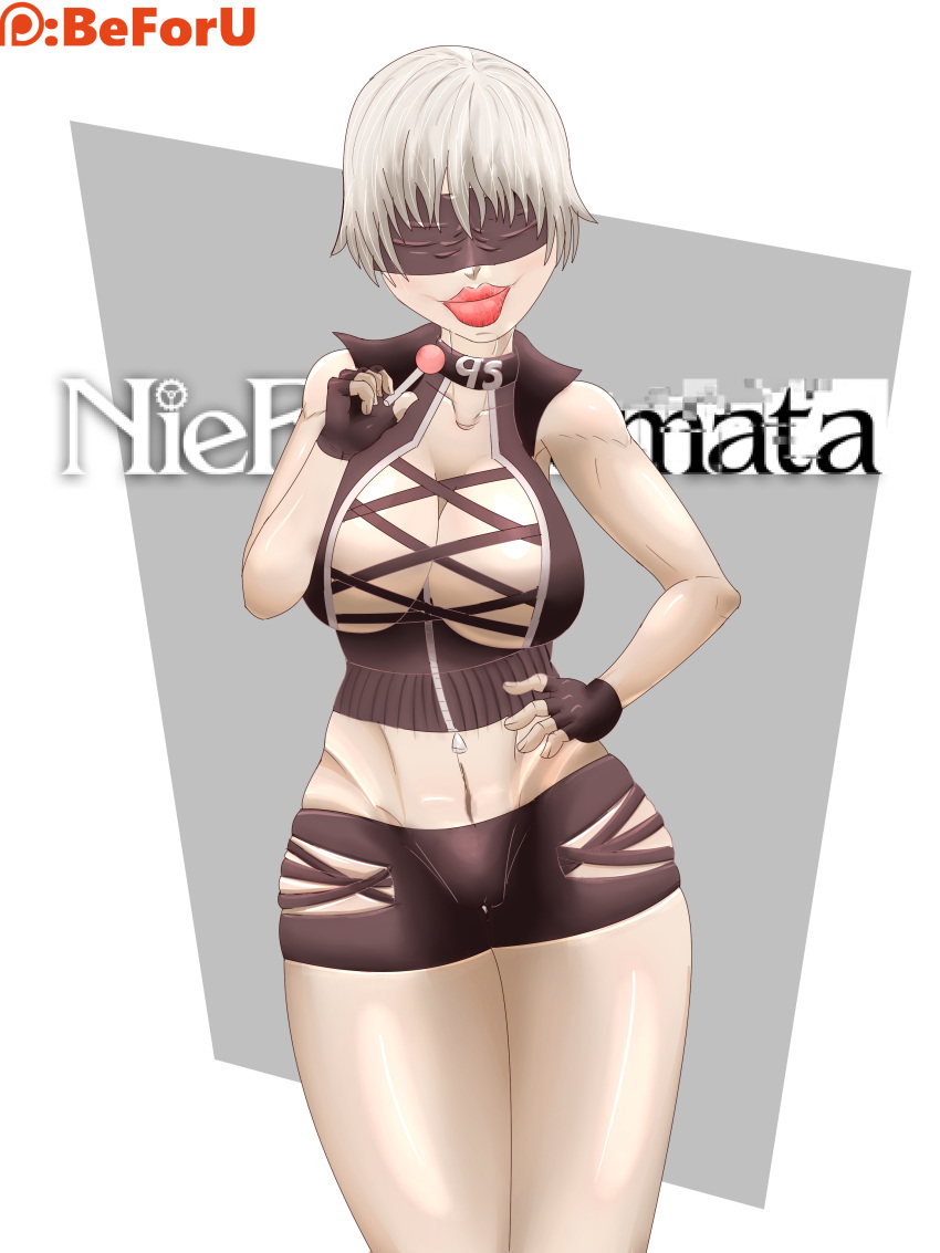 1girls 2019 big_breasts bimbo bimbofication blindfold breasts choker clothing fingerless_gloves flechitas genderswap genderswap_(mtf) light_skin lipstick lollipop looking_at_viewer nier:_automata revealing_clothes rule_63 short_hair solo solo_female thick_thighs white_hair white_skin yorha_9s