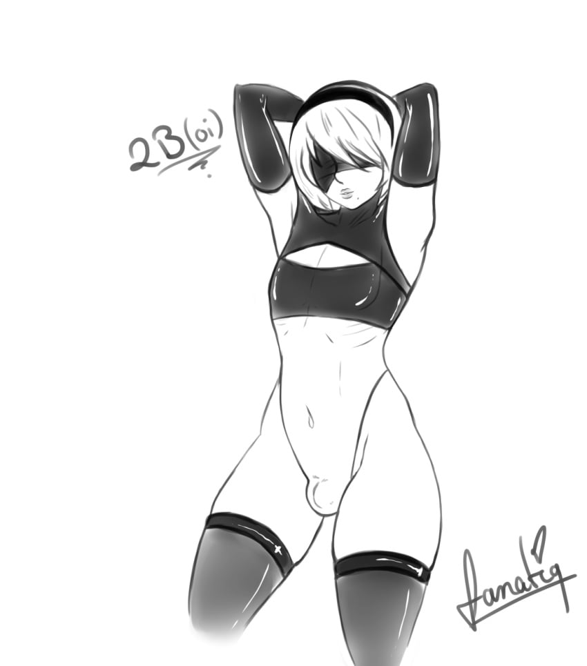 1boy blindfold bulge fanatiq femboy genderswap genderswap_(ftm) headband leotard male male_only nier:_automata partially_clothed penis_under_clothes rule_63 solo solo_male thick_thighs thighhighs trap white_hair yorha_2b