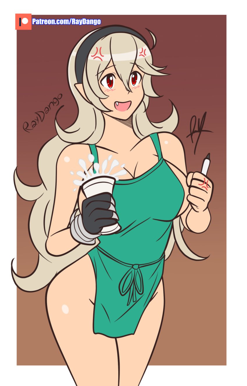 1girls 2021 anger_vein angry apron bare_legs bare_shoulders bare_thighs breasts cleavage corrin_(fire_emblem) corrin_(fire_emblem)_(female) fake_smile fire_emblem fire_emblem_fates gray_hair holding holding_cup holding_object holding_pen iced_latte_with_breast_milk large_breasts meme naked naked_apron nintendo open_mouth pointy_ears raydango red_eyes sideboob solo thighs very_long_hair