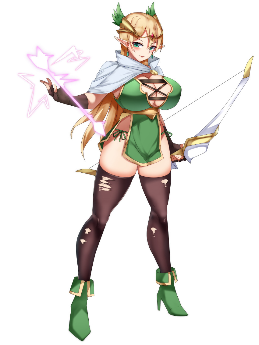 1girls arrow_(projectile) bare_thighs blonde_hair bow_(weapon) breasts cape cleavage cleavage_cutout earrings elf fingerless_gloves gloves green_panties hair_ornament hartman_hips hips hourglass_figure huge_breasts long_hair magic original panties pelvic_curtain pointy_ears skindentation solo tea_texiamato thighhighs thighs torn_clothes very_long_hair white_background wide_hips