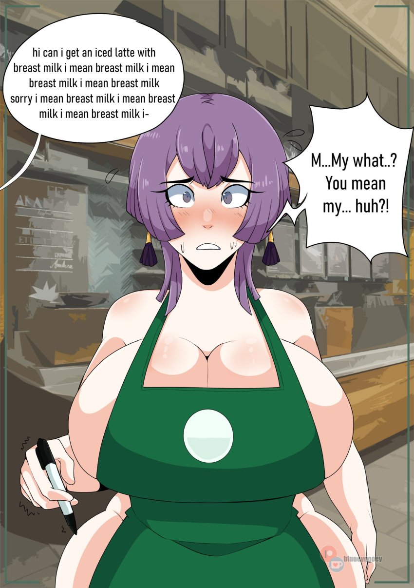 1girls alternate_breast_size apron bangs bare_thighs bernadetta_von_varley big_breasts blush bluueygooey breasts cleavage curvy earrings embarrassed english_text fire_emblem fire_emblem:_three_houses grey_eyes holding_pen huge_breasts iced_latte_with_breast_milk indoors large_breasts medium_hair meme naked_apron nervous nintendo post-timeskip purple_hair sideboob text thick_thighs thighs trembling voluptuous