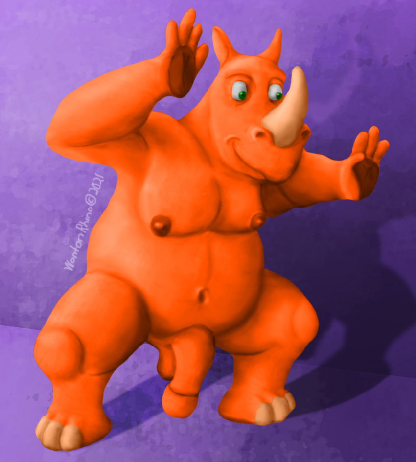 2021 anthro arms_above_head balls belly crouching genitals hi_res hooves horn looking_away male mammal moobs navel nipples nude nude_male orange_body overweight overweight_anthro overweight_male penis pose rhinocerotoid shaded_background shaded_color simple_background smile solo sumo thick_arms thick_thighs toony wonton_(wontonrhino) wontonrhino