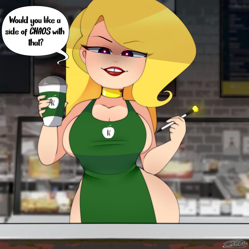 1girls 2021 5_fingers apron apron_only blonde_hair blue_eyes busty cartoon_network eris_(billy_and_mandy) female glowing_eyes green_apron hourglass_figure iced_latte_with_breast_milk kikiluv looking_at_viewer meme naked_apron tagme the_grim_adventures_of_billy_and_mandy tooth_gap waitress waitress_uniform wide_hips