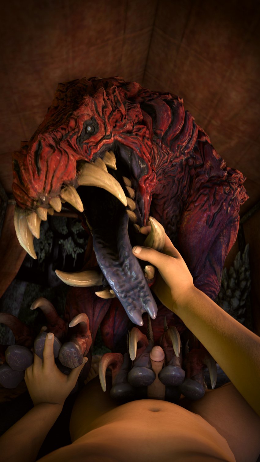 2021 3d_(artwork) 4k 9:16 absurd_res ambiguous_gender between_toes capcom claws digital_media_(artwork) duo erection fanged_wyvern fangs feet feral first_person_view foot_fetish foot_play footjob genital_danger_play genitals hand_holding hand_on_jaw hand_on_mouth hand_on_paw hi_res human human_on_feral humanoid_genitalia humanoid_penis inside interspecies ivorylagiacrus larger_ambiguous larger_feral looking_at_viewer lying male male/ambiguous male_pov mammal monster_hunter nude odogaron on_back on_ground on_top open_mouth pawpads paws penis red_body scalie sex sharp_claws sharp_teeth size_difference smaller_human smaller_male source_filmmaker teeth tent toes tongue tongue_out video_games zoophilia