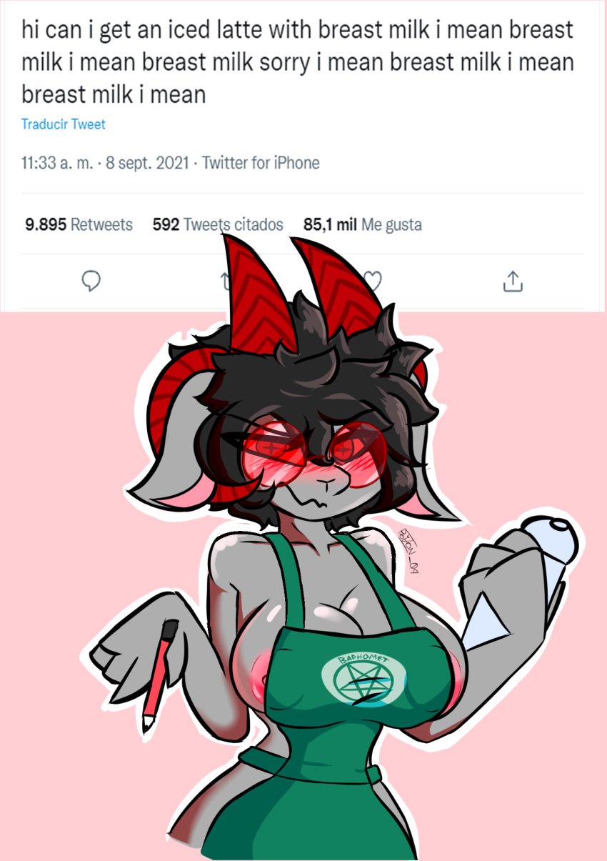 baphomet big_breasts blush bovid cervine demon demon_girl embarrassed female female_only furry goat goat_demon iced_latte_with_breast_milk looking_at_viewer meme nipple_bulge pink_nipples satanic starbucks