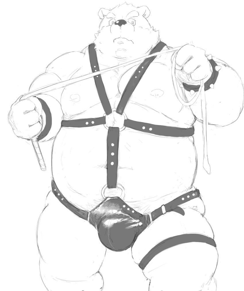 2021 anthro belly bondage bondage bound bulge clothing hachirouta harness hi_res humanoid_hands kemono leather male mammal monochrome moobs nipples overweight overweight_male simple_background solo underwear ursid white_background