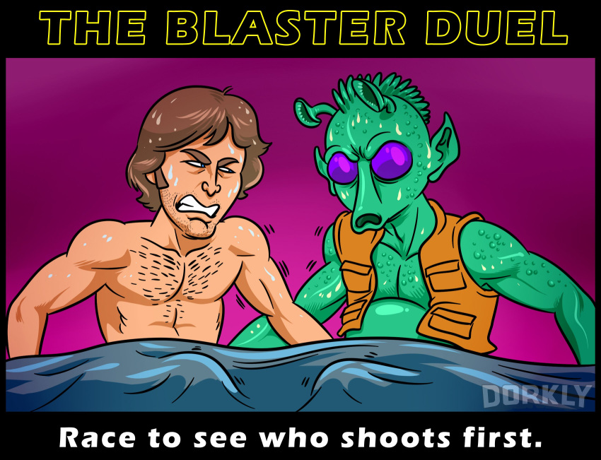 2boys alien alien/human alien_humanoid bed_sheet bodily_fluids body_hair brown_hair chest_hair clenched_teeth dorkly duo english_text gay greedo green_body hair hairy hairy_chest hairy_male han_solo handjob hi_res human human_on_humanoid humanoid humanoid_pointy_ears humor interspecies male male/male male_only mammal mutual_handjob on_bed open_mouth penile purple_background purple_eyes rodian sex simple_background star_wars sweat teeth teeth_clenched text vest yaoi