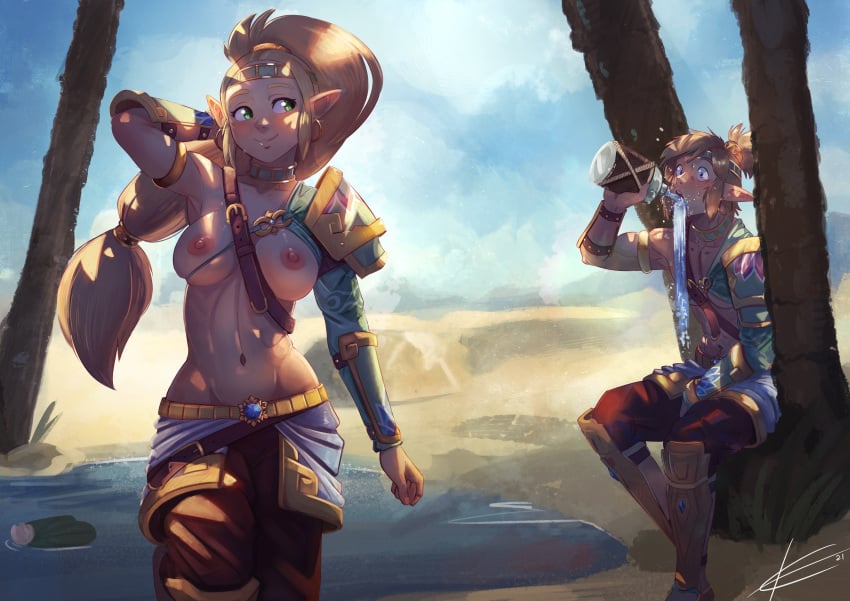 1boy 1boy1girl 1girls armor blonde_hair blue_eyes blush breasts casual characterful desert eltonel female fit_female gerudo_outfit gerudo_outfit_zelda green_eyes humanoid hylian large_breasts link link_(breath_of_the_wild) long_hair outdoors pale_skin pointy_ears ponytail princess_zelda royalty sleeve stunned tease teasing the_legend_of_zelda topless zelda_(breath_of_the_wild)