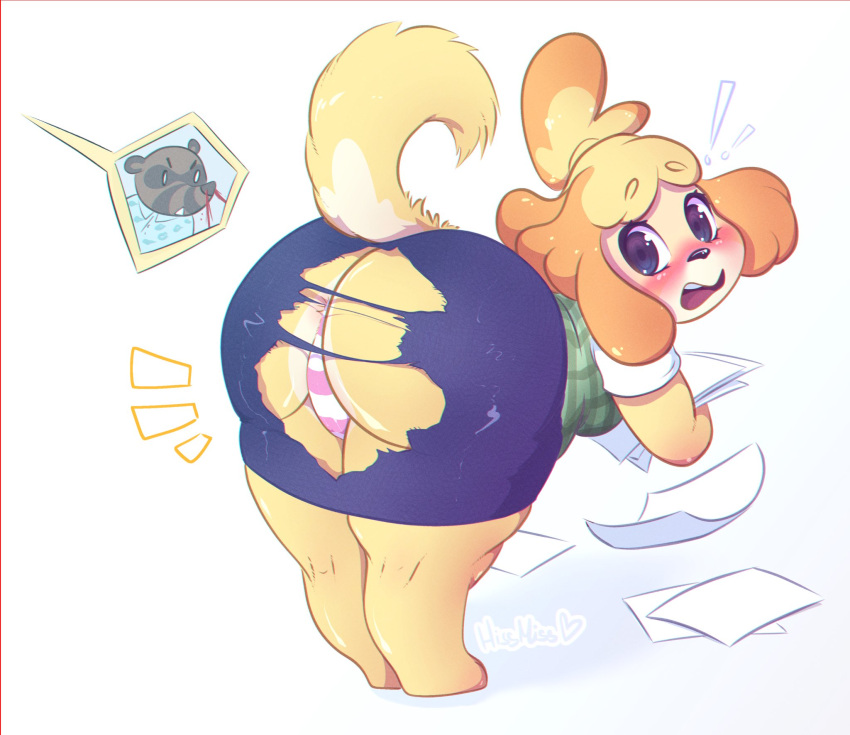 animal_crossing anthro anus ass barely_visible_anus bent_arm bent_over bent_over_with_legs_held_straight blood blush bodily_fluids bottomwear breasts canid canine canis cute_expression domestic_dog duo embarrassed exposed exposed_butt exposed_panties exposed_underwear female furry highres hissmiss holding_object holding_paper isabelle_(animal_crossing) legs_together looking_back male mammal nintendo nosebleed panties paper pattern_bottomwear pattern_clothing pattern_panties pattern_underwear raccoon_dog simple_background standing straight_legs striped_bottomwear striped_clothing striped_panties striped_underwear stripes surprise tanuki thick_thighs thong tom_nook torn_clothing torn_skirt underwear wardrobe_malfunction