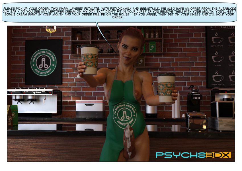 3d 3d_(artwork) big_breasts big_penis breasts coffee cum cum_on_penis futanari iced_latte_with_breast_milk iced_latte_with_dick_milk meme naked_apron psyche3dx speech_bubble starbucks text