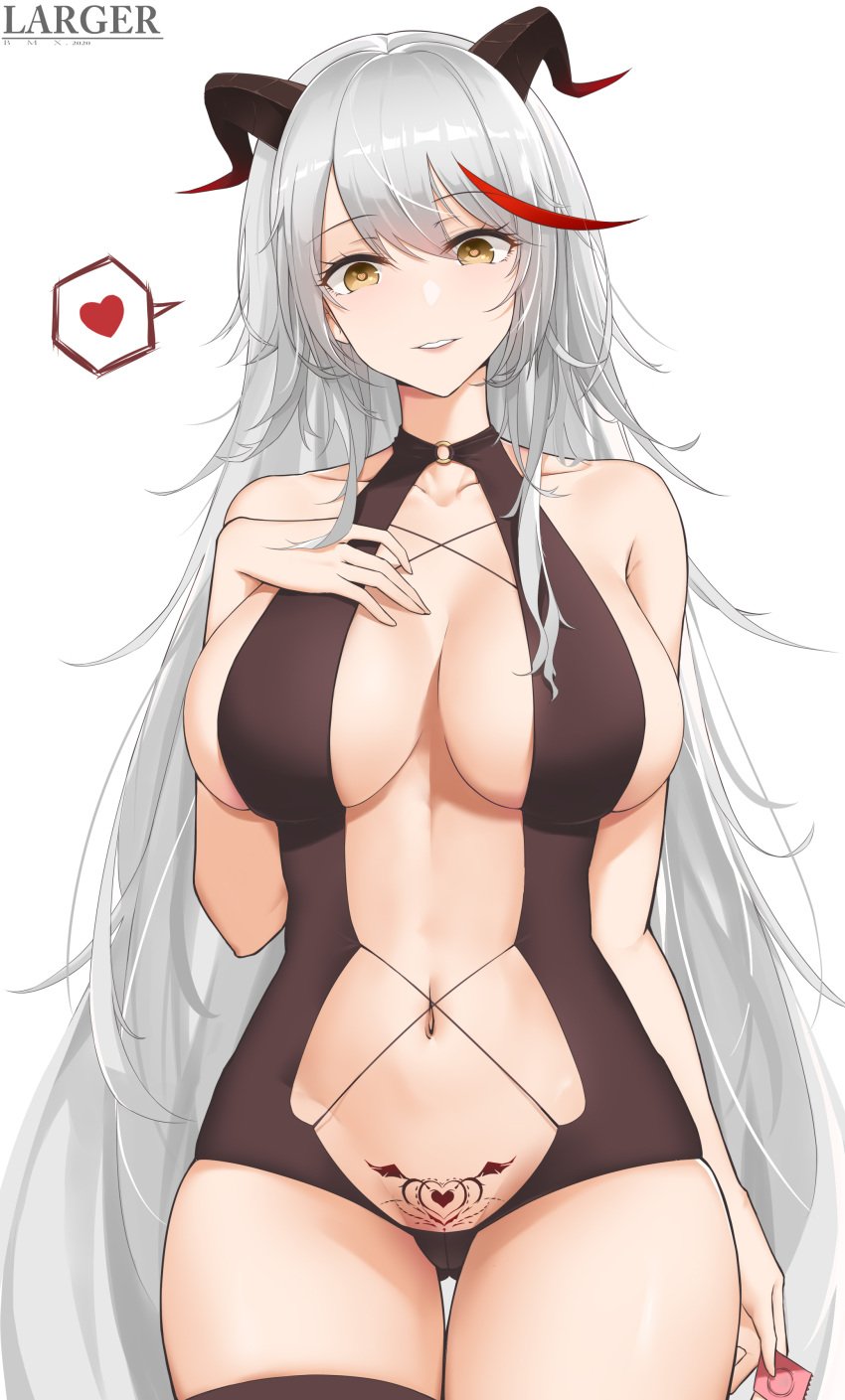 1girls absurdres aegir_(azur_lane) alternate_costume azur_lane breasts center_opening condom condom_wrapper demon_horns eyebrows_visible_through_hair female hand_on_own_chest heart highres holding holding_condom horns impossible_clothes large_breasts larger_bmx long_hair looking_at_viewer multicolored_hair navel pubic_tattoo red_hair silver_hair simple_background single_thighhigh solo spoken_heart streaked_hair tattoo thigh_gap thighhighs two-tone_hair unopened_condom_wrapper very_long_hair white_background yellow_eyes