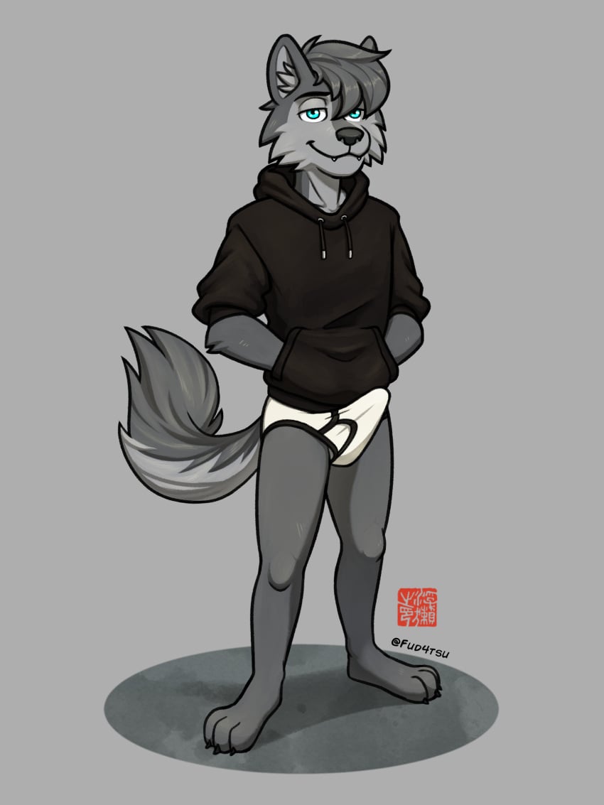 blue_eyes briefs canid canine canis clothing fur furry grey_body grey_fur hi_res hoodie hoodie/briefs_meme looking_at_viewer male male_only mammal simple_background solo standing sweaciabic topwear underwear wolf zach_the_wolf