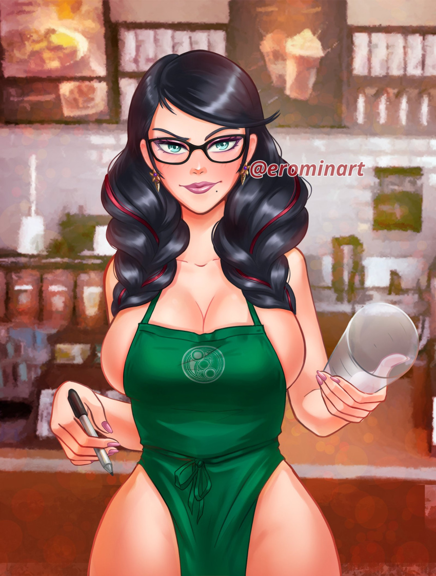 apron apron_only bayonetta bayonetta_(character) bayonetta_3 busty erominart glasses hourglass_figure iced_latte_with_breast_milk meme tagme waitress waitress_uniform wide_hips