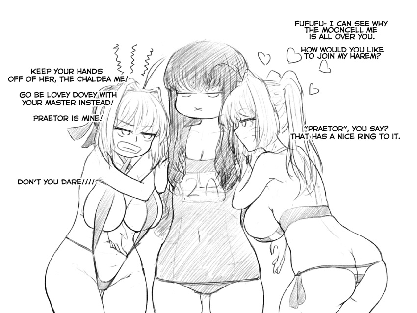 3girls alternate_breast_size alternate_version_available ass_cleavage big_breasts bikini butt_crack dialogue fate/extra fate/grand_order fate_(series) female hakuno_kishinami hakuno_kishinami_(fate) hakunon_(female) kishinami_hakuno_(female) multiple_girls nero_claudius_(fate) nero_claudius_(swimsuit_caster) steamingtofu string_bikini swimsuit text