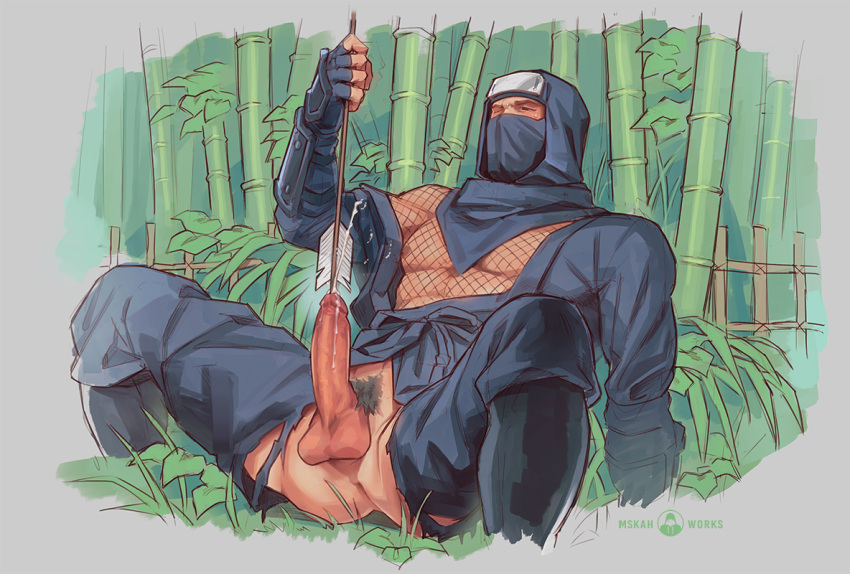 1boy arrow clothed cum erect_penis erection fishnet_shirt male_focus male_only male_urethral_insertion manly mask masked_male mskah ninja penis pubic_hair solo_male sounding urethral_insertion