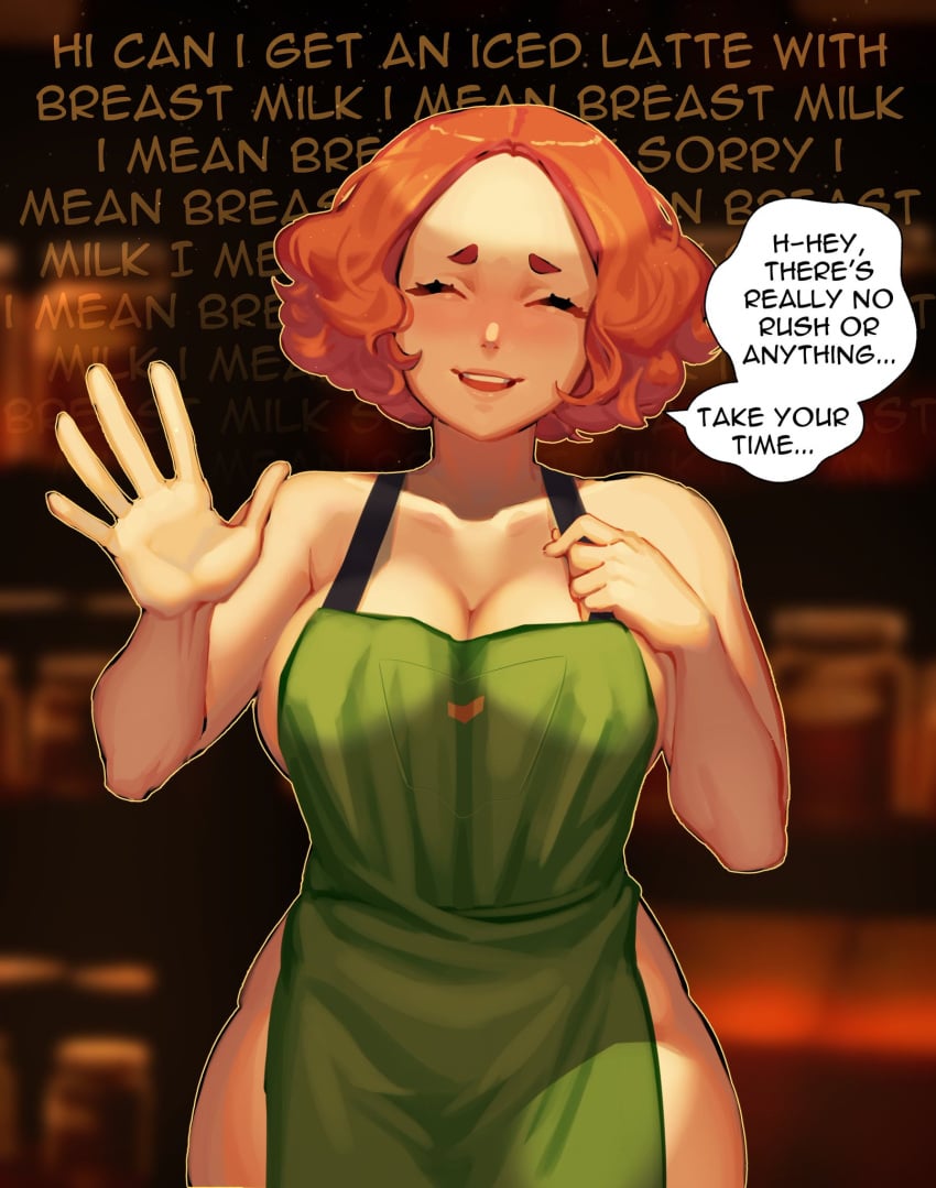 apron apron_only barista barley_juice breasts brown_hair casual clothing fast_food female female_focus female_only green_apron haru_okumura human iced_latte_with_breast_milk looking_at_viewer meme naked_apron outerwear pale_skin persona persona_5 public shin_megami_tensei short_hair solo_female thighs uniform