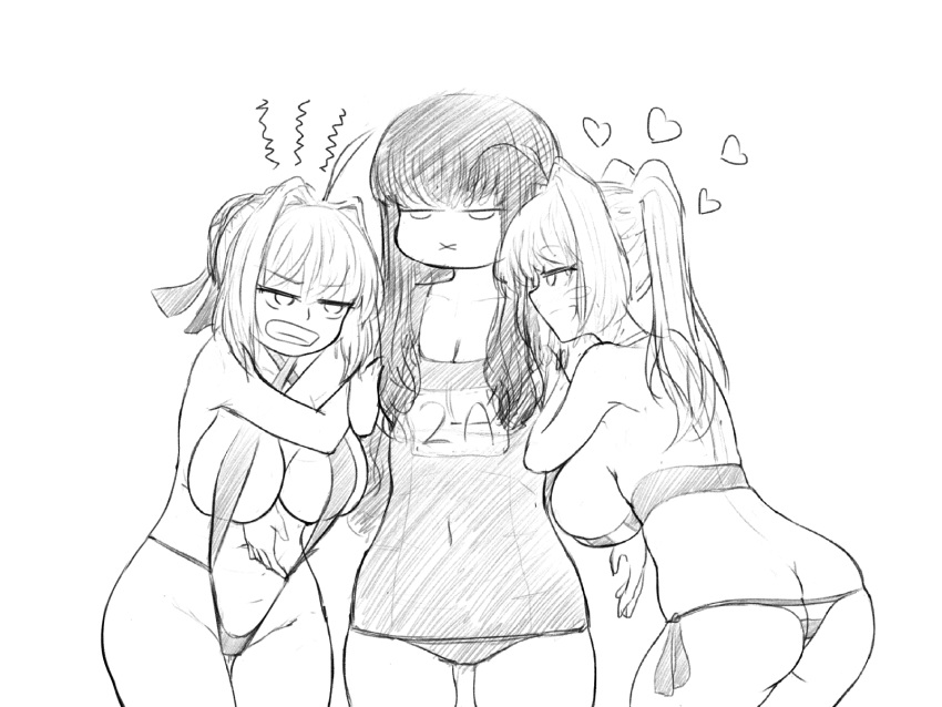 3girls alternate_breast_size alternate_version_available ass_cleavage big_breasts bikini butt_crack fate/extra fate/grand_order fate_(series) female hakuno_kishinami hakuno_kishinami_(fate) hakunon_(female) kishinami_hakuno_(female) multiple_girls nero_claudius_(fate) nero_claudius_(swimsuit_caster) steamingtofu string_bikini swimsuit