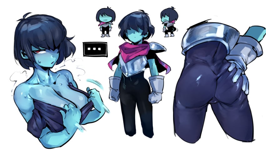 1girls androgynous armor ass big_breasts blue_skin deltarune doppel edit female_only gloves hair_over_eyes kris_(deltarune) kris_female_(deltarune) red_eyes rule_63 spandex sweat tagme toby_fox