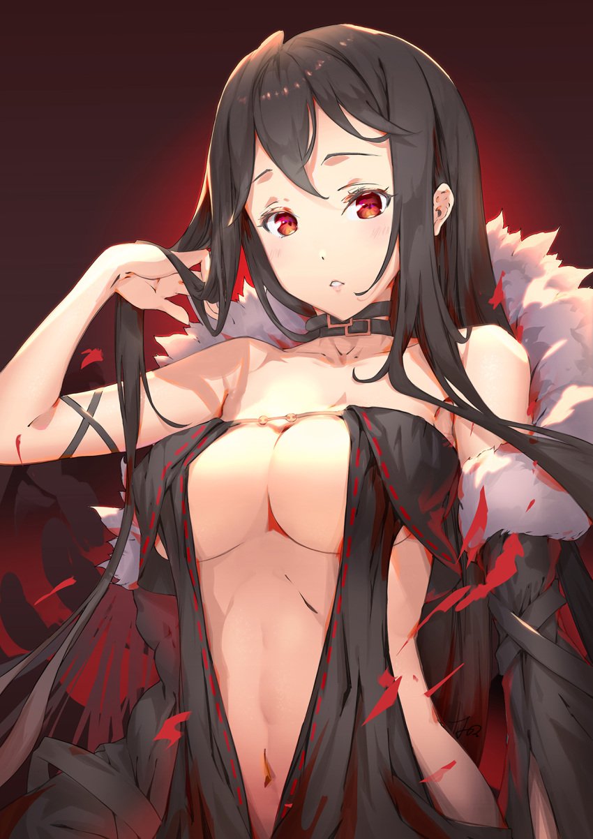 adjusting_hair armlet bangs bare_shoulders black_dress blush breasts brown_hair center_opening choker cleavage dress eyebrows_visible_through_hair fate/grand_order fate_(series) female fur fur_collar fur_trim hair_between_eyes high_resolution huanyan jewelry large_breasts long_hair looking_at_viewer navel off_shoulder one_arm_up parted_lips red_background red_eyes revealing_clothes simple_background solo standing upper_body yu_miaoyi_(fate)