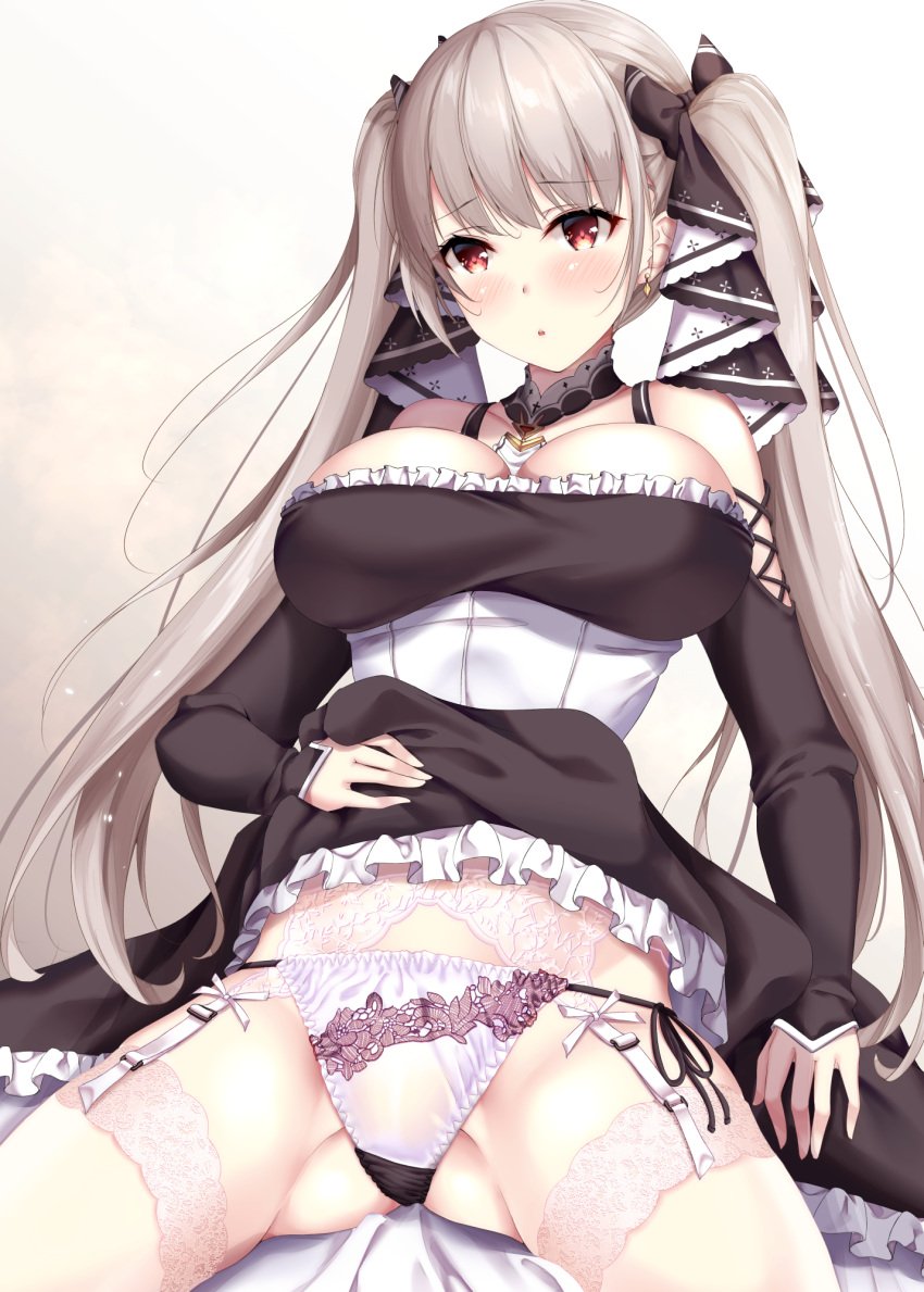 anthropomorphization archway_of_venus azur_lane bangs between_breasts black_dress blush breasts cleavage clothes_pull dress dress_lift dress_pull earrings female female formidable_(azur_lane) frilled_dress frills fukuda_shuushi garter_belt gluteal_fold gothic_lolita grey_hair high_resolution jewelry large_breasts lingerie lolita_fashion long_hair looking_at_viewer no_bra open_mouth pantsu red_eyes ribbon senkan_kirisima sitting skirt skirt_lift skirt_pull solo stockings string_panties thighhighs thighs tied_hair twintails two-tone_dress two-tone_ribbon underwear very_long_hair white_legwear white_panties white_underwear