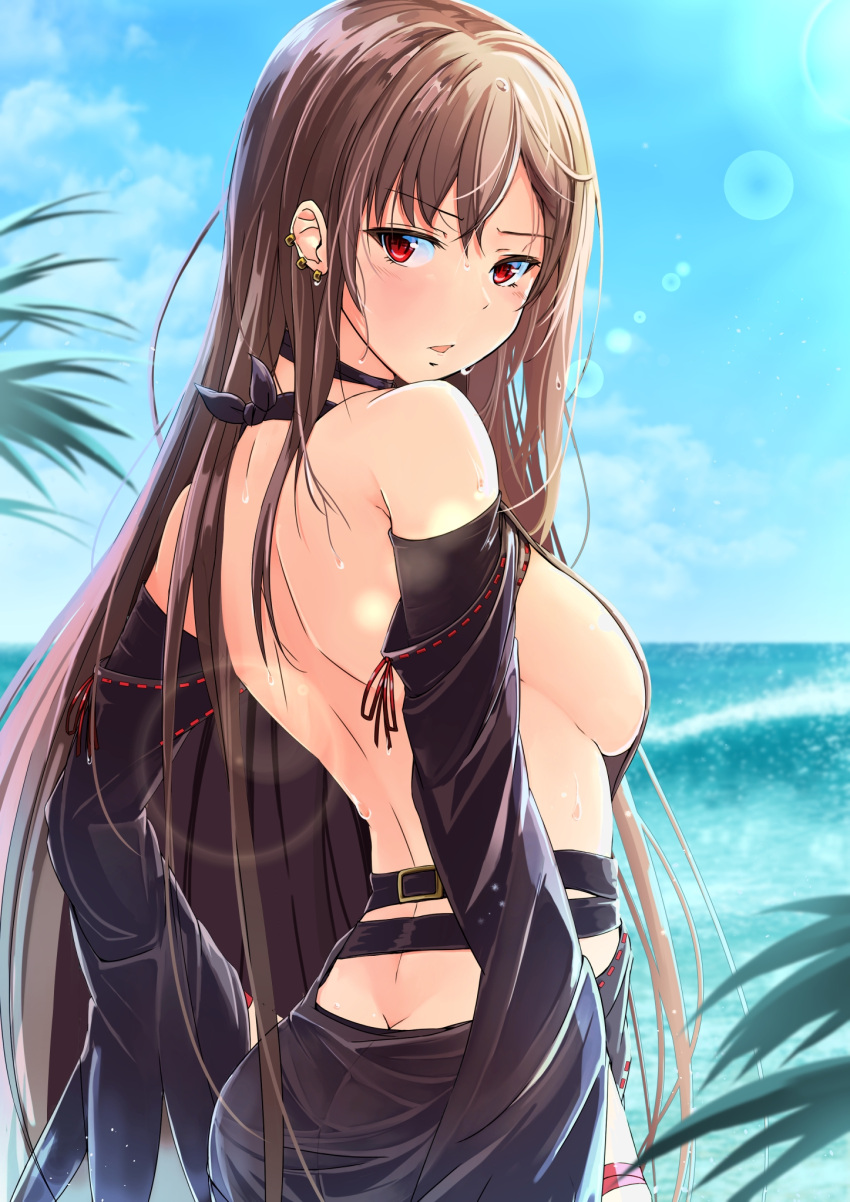 1girls akuta_hinako ass ass_cleavage assassin backless_outfit bangs bare_shoulders beach bikini black_dress black_gloves blue_sky blush breasts brown_hair butt_crack choker consort_yu_(fate/grand_order) day dress ear_piercing earrings elbow_gloves fate/grand_order fate_(series) female female_ass gloves hair_between_eyes high_resolution jewelry k3_r_d k3rd large_breasts long_hair looking_at_viewer looking_back medium_breasts multiple_earrings no_bra ocean open-back_dress parted_lips piercing pixiv_id_3193167 posterior_cleavage red_eyes sideboob sky solo strapless strapless_dress swimsuit very_long_hair wet yu_miaoyi yu_miaoyi_(fate)