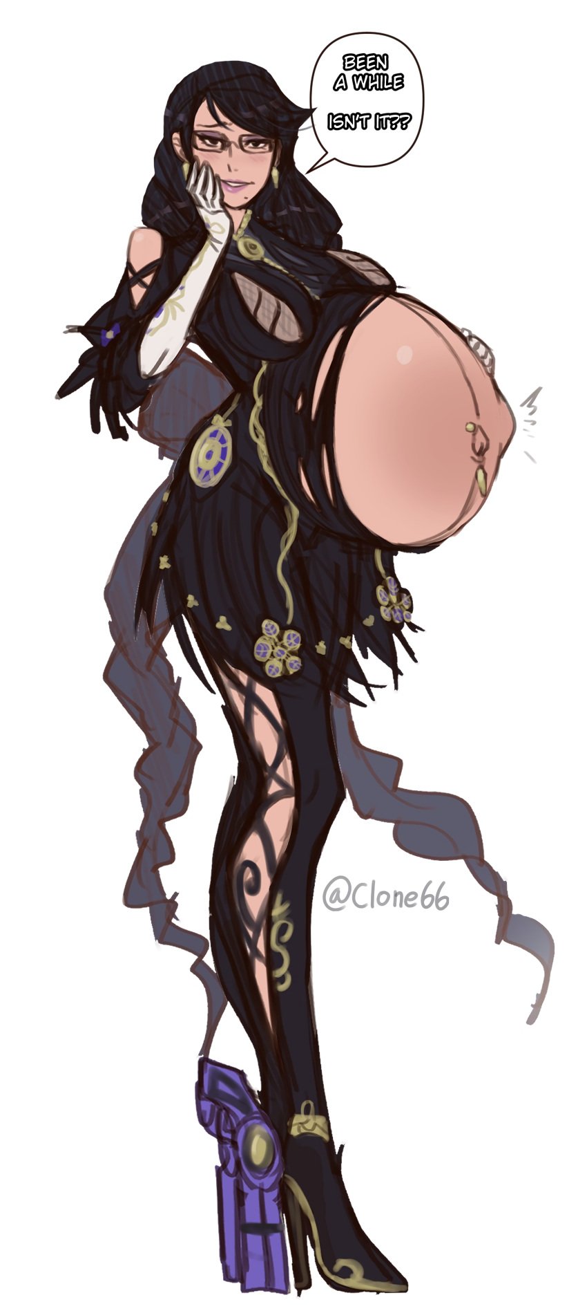 bayonetta bayonetta_(character) bayonetta_3 belly big_belly big_breasts black_hair breasts clone66 clothed clothing earrings glasses gloves hand_on_face high_heels linea_nigra lipstick long_hair makeup mole mole_under_mouth navel navel_piercing pregnant ready_to_pop speech_bubble standing tagme text text_bubble torn_clothes torpedo_belly white_background