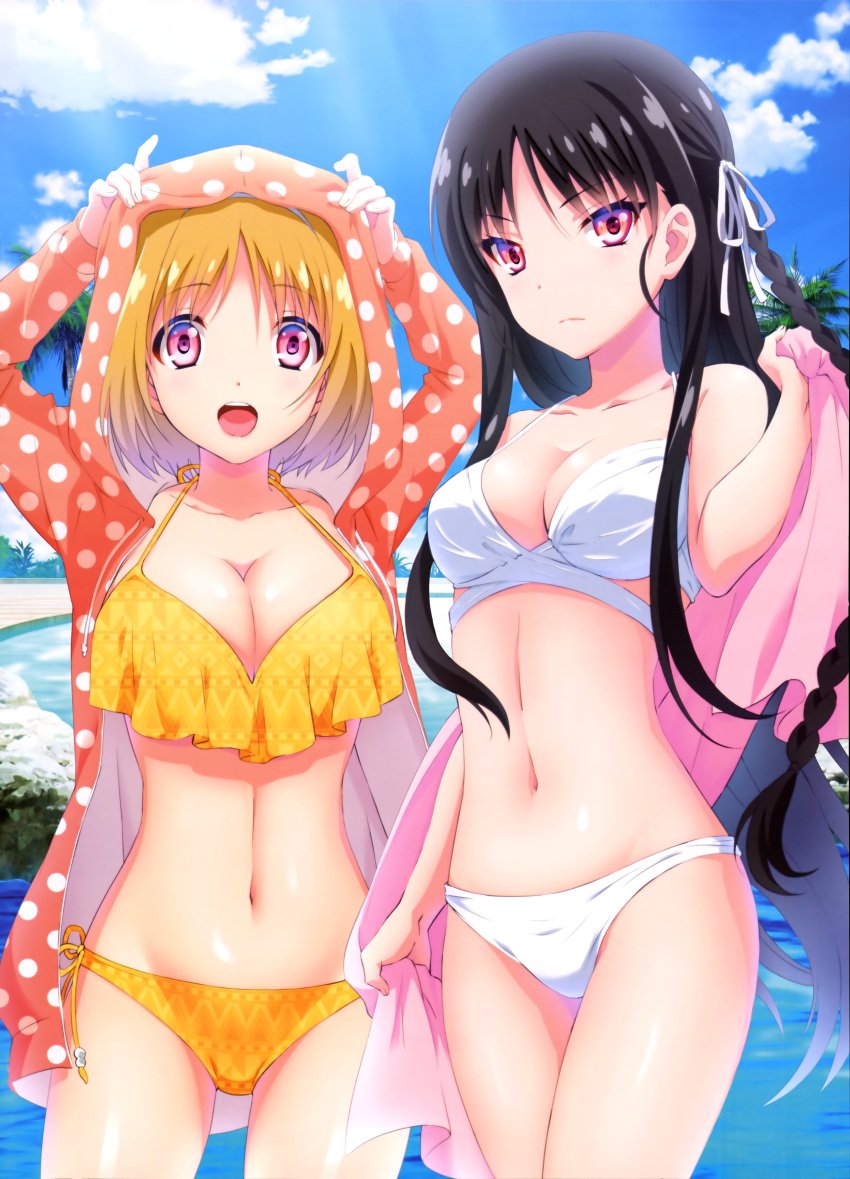 2girls bikini black_hair blonde_hair blue_sky blush braid breasts brown_hair classroom_of_the_elite cleavage closed_mouth clothing cloud cowboy_shot day duo female flared_bikini frilled_bikini frilled_swimsuit frills hairband happy high_resolution hood hood_up hoodie horikita_suzune kadokawa kadokawa_shoten kushida_kikyou large_breasts long_hair looking_at_viewer midriff multiple_girls nyantype official_art open_clothes open_hoodie open_mouth outdoors palm_tree pink_eyes polka_dot polka_dot_hoodie pool red_eyes ribbon scan shiny shiny_hair shiny_skin short_hair sky smile standing swimsuit teeth tied_hair towel tree unmoving_pattern very_high_resolution water white_bikini white_swimsuit wrap_bikini yellow_bikini yellow_swimsuit youkoso_jitsuryoku_shijou_shugi_no_kyoushitsu_e