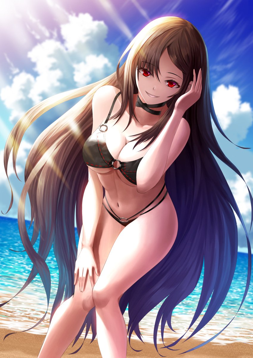 akuta_hinako beach bikini black_bikini black_swimsuit breasts brown_hair cleavage cloud day fate/grand_order fate_(series) female fujifuji924 hand_in_hair high_resolution large_breasts leaning_forward lens_flare light_rays long_hair looking_at_viewer medium_breasts navel o-ring o-ring_bikini ocean pixiv_id_5307537 red_eyes smile solo swimsuit very_high_resolution water yu_miaoyi_(fate)