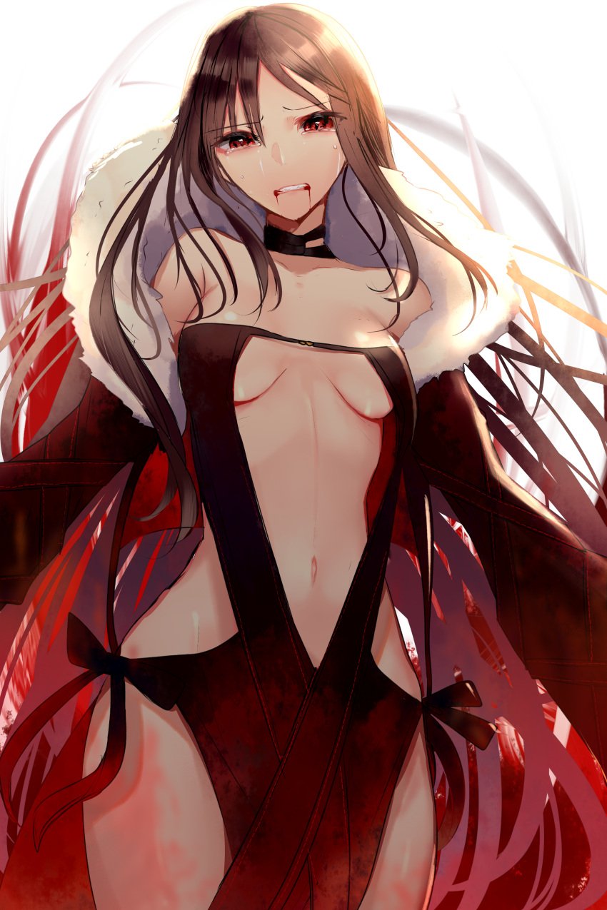 akuta_hinako bare_hips black_dress black_hair blood blood_in_mouth blood_on_face breasts clenched_hand consort_yu_(fate/grand_order) cowboy_shot crying dress fate/grand_order fate_(series) female female floating_hair fur_trim guri1105 high_resolution large_filesize long_hair looking_at_viewer medium_breasts navel no_bra pixiv_id_1170963 red_eyes revealing_clothes sleeveless sleeveless_dress solo standing striped striped_dress sweatdrop tears underboob very_high_resolution yu_miaoyi_(fate)