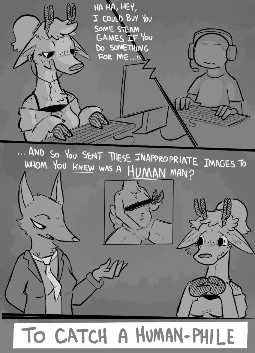 anon anthro antlers breasts cervid clothing duo english_text female freckles greyscale hand_in_panties hand_in_underwear headgear headphones headset heart hi_res hooves horn human humor keyboard male mammal monochrome necktie panties text underwear zzx