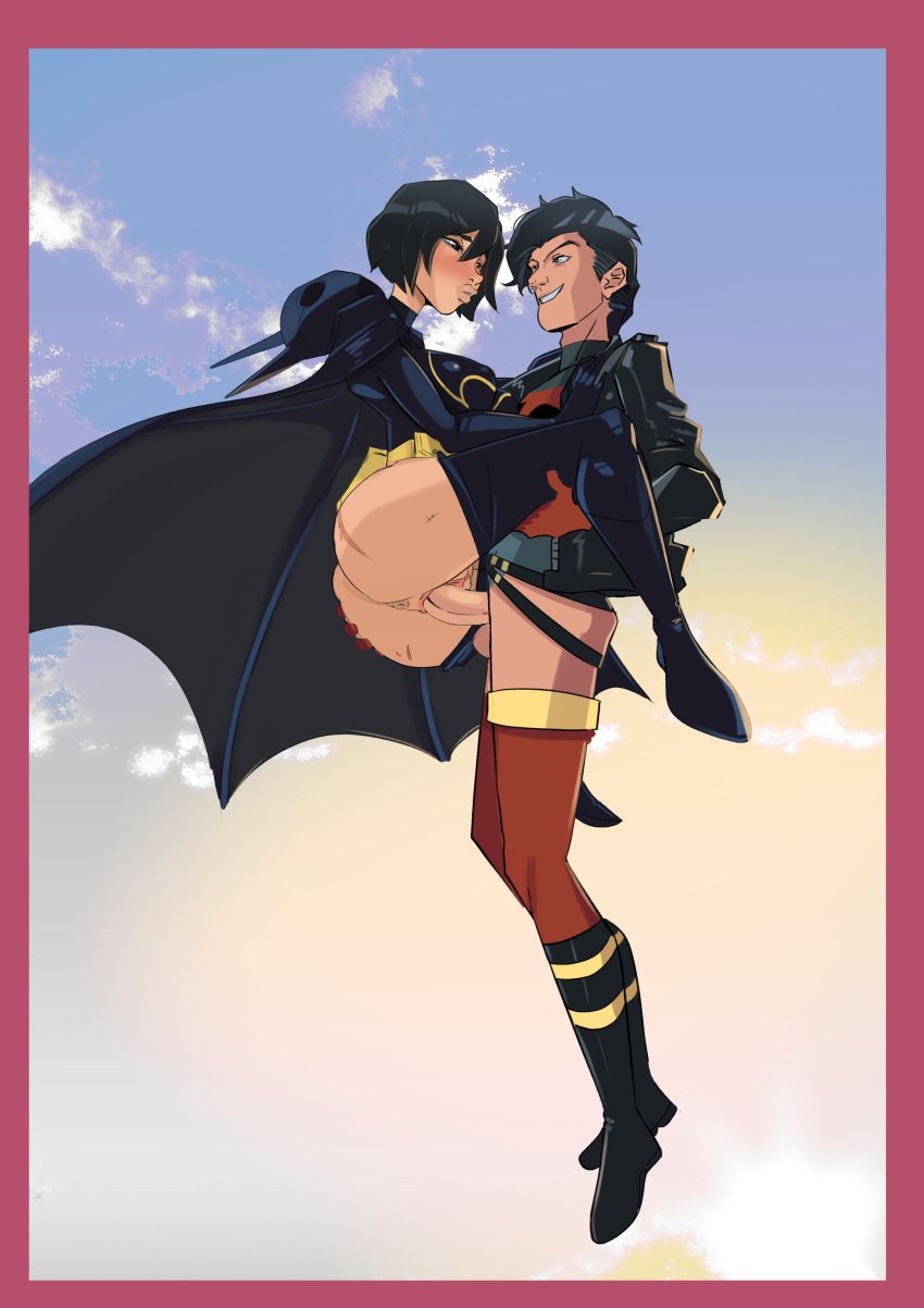 batgirl batgirl_(cassandra_cain) batman_(series) big_ass big_breasts black_hair cape cassandra_cain clothed_sex conner_kent dc dc_comics kon-el leg_lift penis pussy scar superboy superman_(series) thesquiddycipher vaginal_penetration