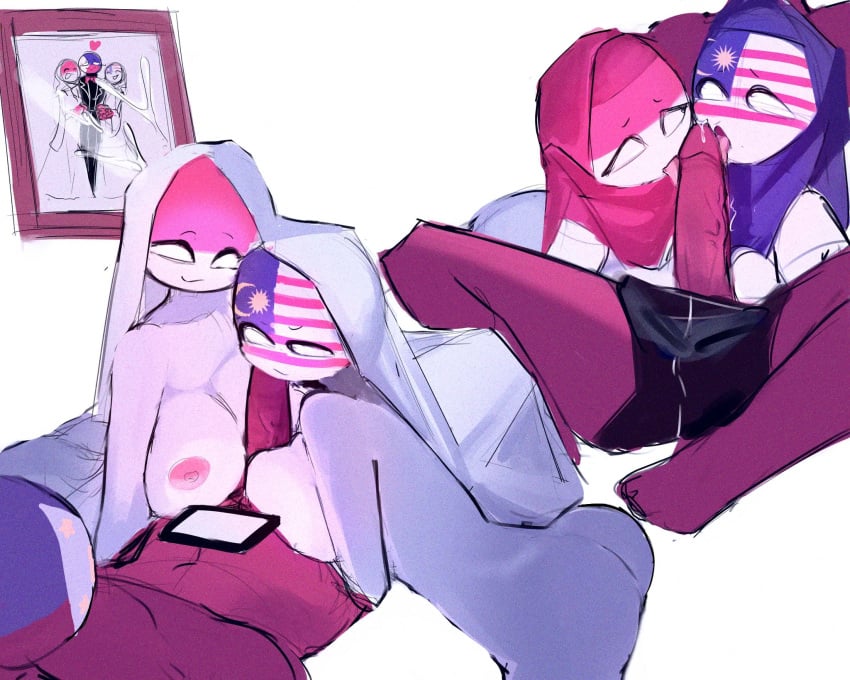 1boy 2girls breasts countryhumans countryhumans_girl female indonesia_(countryhumans) malaysia_(countryhumans) male married oceanic_pallete oral penis penis_lick philippines_(countryhumans) polygamous polygamy straight threesome